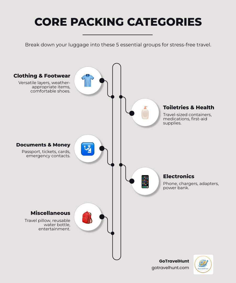 Infographic showing five core packing categories: Clothing section with folded shirts and shoes, Toiletries section with bottles and personal care items, Documents section with passport and tickets, Electronics section with phone and chargers, and Miscellaneous section with travel accessories like water bottle and eye mask - vacation luggage checklist infographic infographic-line-5-steps-elegant_beige Infographic showing five core packing categories: Clothing section with folded shirts and shoes, Toiletries section with bottles and personal care items, Documents section with passport and tickets, Electronics section with phone and chargers, and Miscellaneous section with travel accessories like water bottle and eye mask - vacation luggage checklist infographic infographic-line-5-steps-elegant_beige