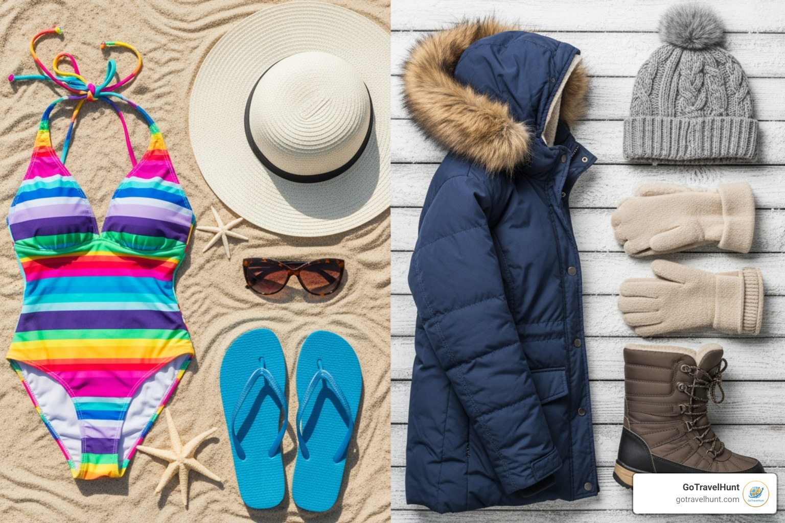 Two packing scenarios: one side shows beach essentials like swimwear, sunglasses, and a sun hat, while the other side displays cold-weather gear such as a warm coat, gloves, and snow boots - vacation luggage checklist Two packing scenarios: one side shows beach essentials like swimwear, sunglasses, and a sun hat, while the other side displays cold-weather gear such as a warm coat, gloves, and snow boots - vacation luggage checklist