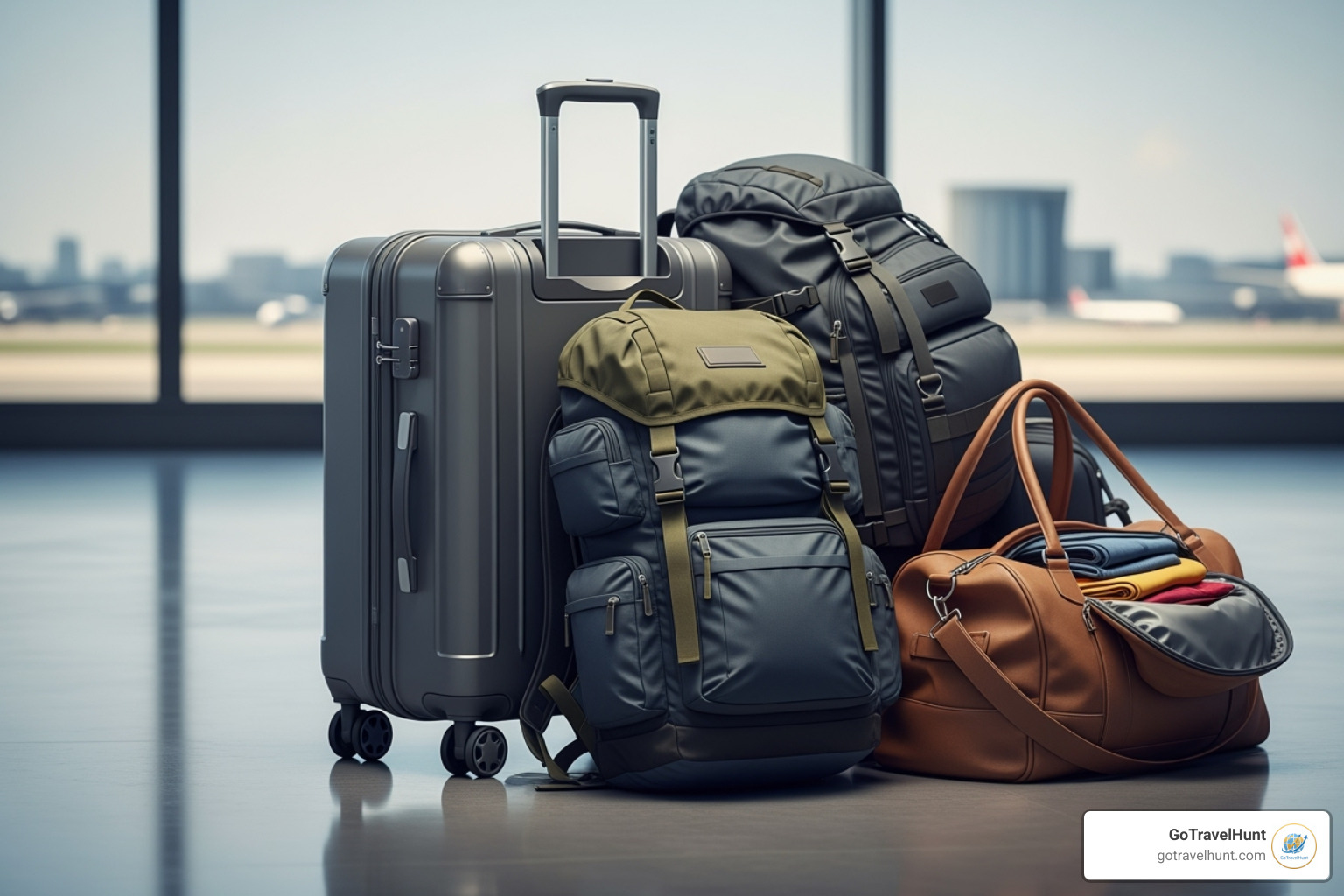 Different types of luggage including a hardshell suitcase, a large travel backpack, and a soft duffel bag - vacation luggage checklist Different types of luggage including a hardshell suitcase, a large travel backpack, and a soft duffel bag - vacation luggage checklist