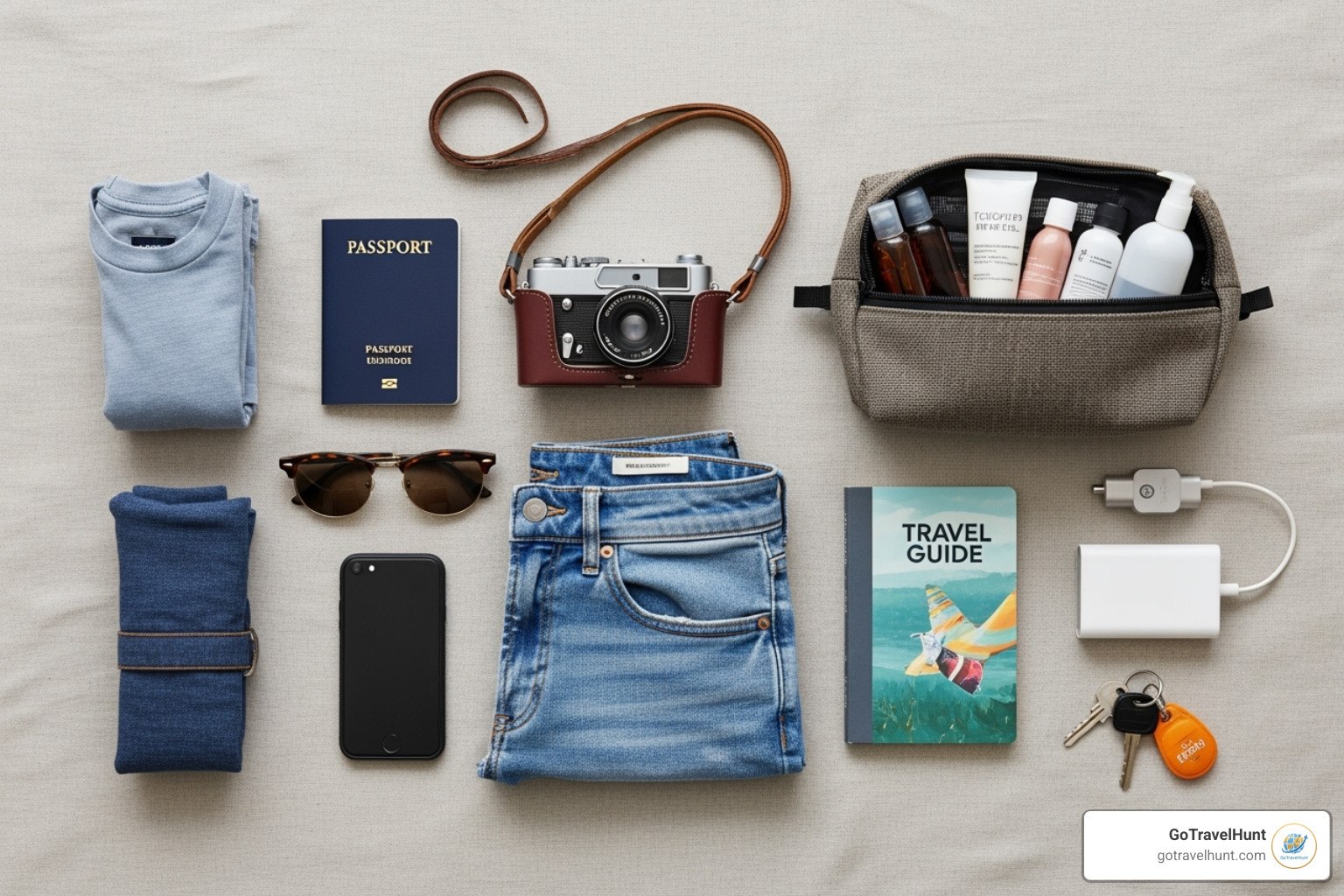 A flat lay of neatly organized travel items including a passport, camera, various clothing items, toiletries, and accessories ready for packing - vacation luggage checklist A flat lay of neatly organized travel items including a passport, camera, various clothing items, toiletries, and accessories ready for packing - vacation luggage checklist
