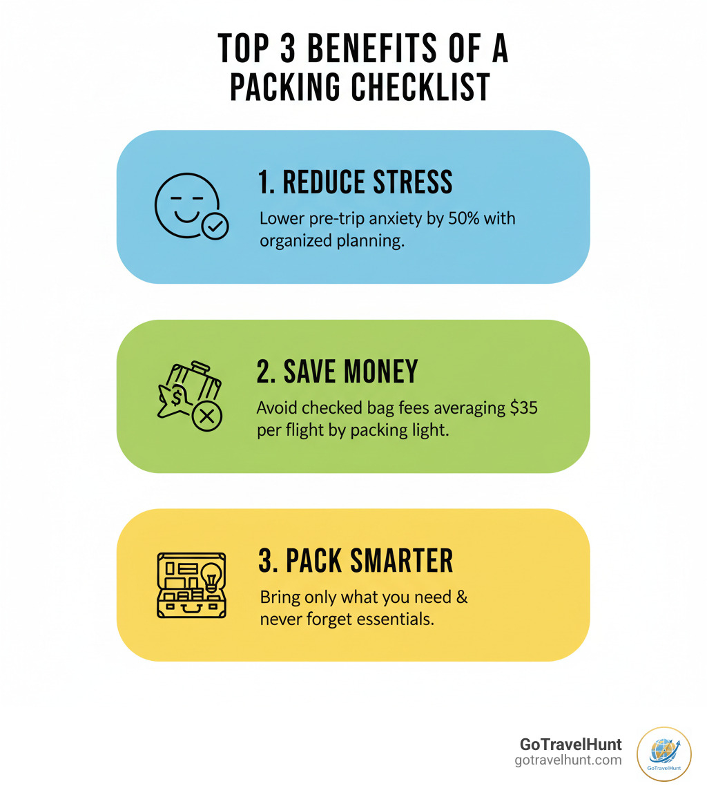 Infographic showing the top 3 benefits of using a packing checklist: 1. Reduce Stress - Lower pre-trip anxiety by 50% with organized planning. 2. Save Money - Avoid checked bag fees averaging $35 per flight by packing light. 3. Pack Smarter - Bring only what you need and never forget essentials again. - travel packing check list infographic  Infographic showing the top 3 benefits of using a packing checklist: 1. Reduce Stress - Lower pre-trip anxiety by 50% with organized planning. 2. Save Money - Avoid checked bag fees averaging $35 per flight by packing light. 3. Pack Smarter - Bring only what you need and never forget essentials again. - travel packing check list infographic