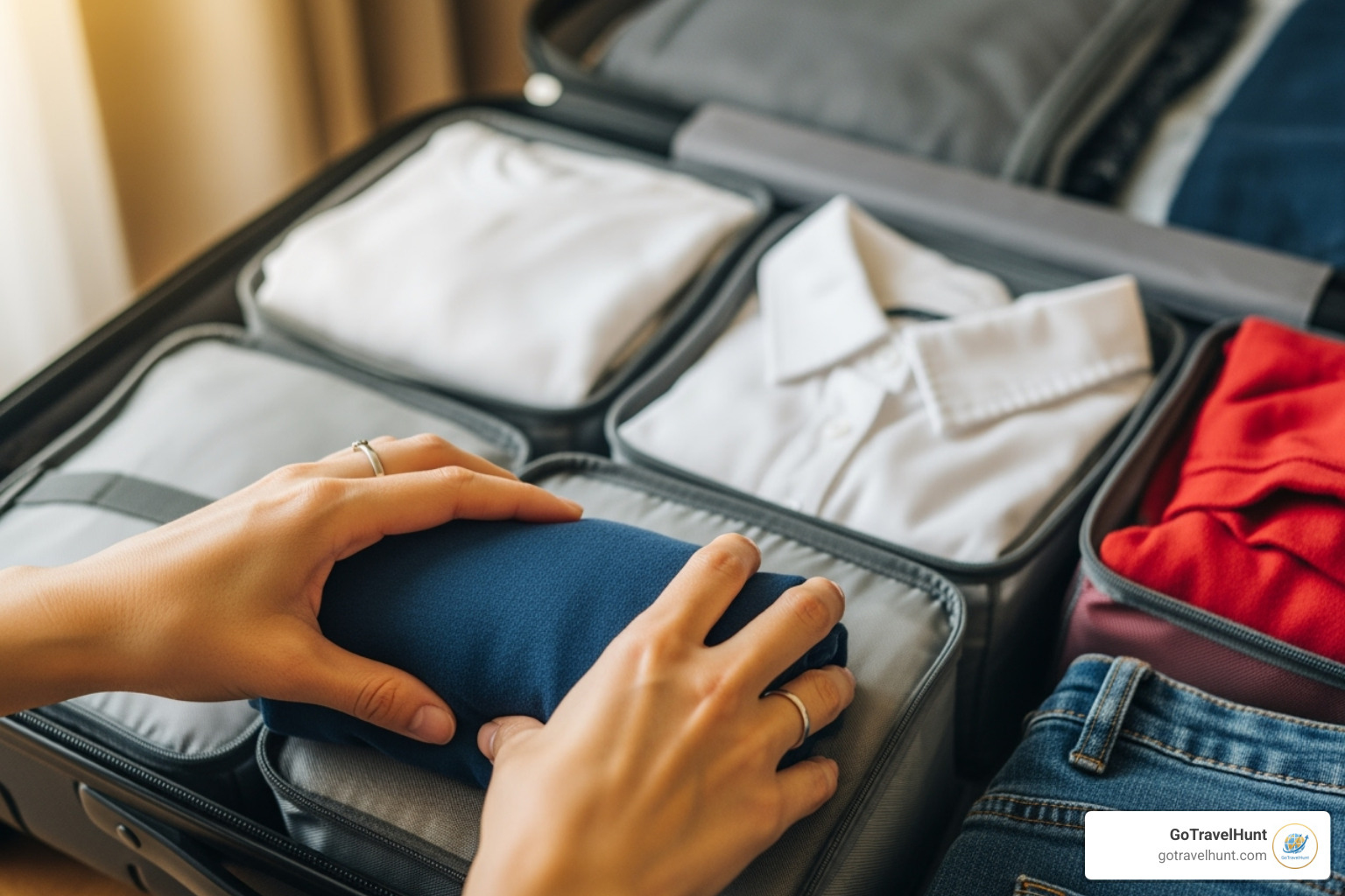 Clothes being rolled and placed into packing cubes - travel packing check list Clothes being rolled and placed into packing cubes - travel packing check list