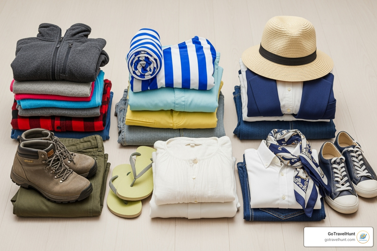 Three small piles of clothes for different trip types: adventure, beach, and city. - travel packing check list Three small piles of clothes for different trip types: adventure, beach, and city. - travel packing check list