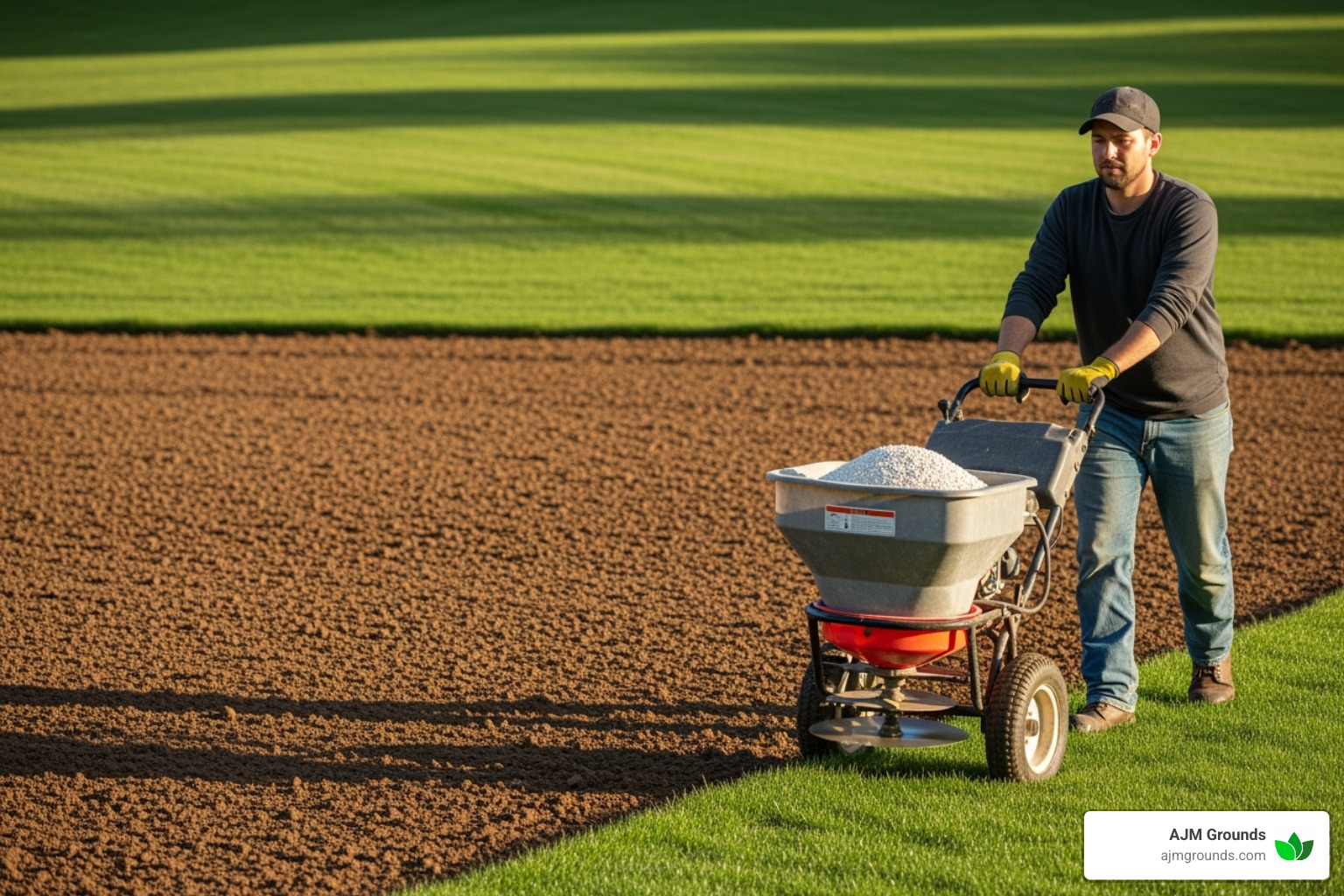 Image of a person using a broadcast spreader on a prepared lawn bed. - how to install a new seed lawn bed preparation