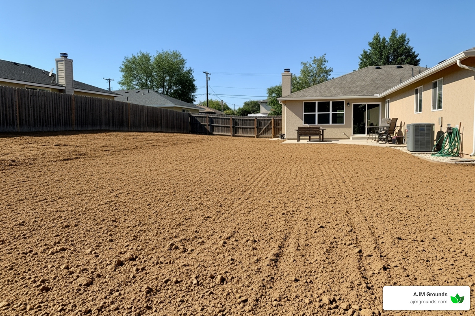 Image of a cleared and tilled lawn area ready for seeding. - how to install a new seed lawn bed preparation