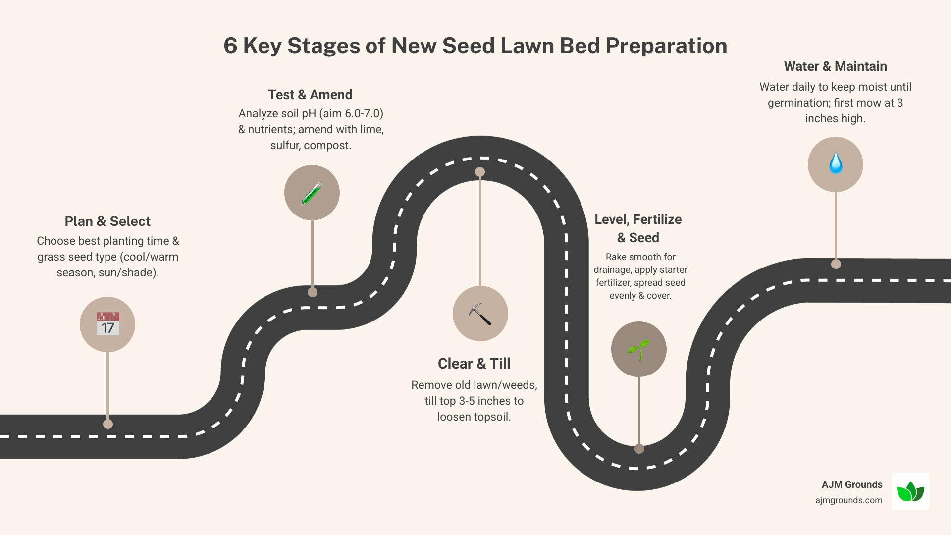 Infographic showing the 6 key stages of lawn bed preparation: Stage 1 - Plan & Select (timing and seed choice), Stage 2 - Test & Amend (soil pH and nutrients), Stage 3 - Clear & Till (remove debris and loosen soil 3-5 inches deep), Stage 4 - Level & Fertilize (smooth surface and apply starter fertilizer), Stage 5 - Seed & Cover (spread seed evenly and apply mulch), Stage 6 - Water & Maintain (daily watering until germination, first mow at 3 inches) - how to install a new seed lawn bed preparation infographic roadmap-5-steps