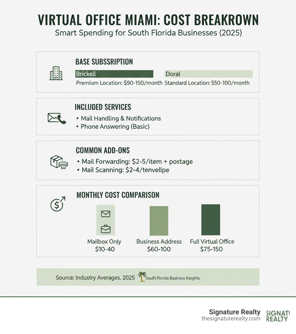 infographic showing breakdown of virtual office cost components including base subscription fees, location premium pricing for Miami neighborhoods like Brickell vs Doral, included services like mail handling and phone answering, common add-on costs for forwarding and scanning, and total monthly cost comparison between basic mailbox only plans at ten to forty dollars, business address plans at sixty to one hundred dollars, and full virtual office packages at seventy five to one hundred fifty dollars per month - virtual office cost infographic infographic showing breakdown of virtual office cost components including base subscription fees, location premium pricing for Miami neighborhoods like Brickell vs Doral, included services like mail handling and phone answering, common add-on costs for forwarding and scanning, and total monthly cost comparison between basic mailbox only plans at ten to forty dollars, business address plans at sixty to one hundred dollars, and full virtual office packages at seventy five to one hundred fifty dollars per month - virtual office cost infographic