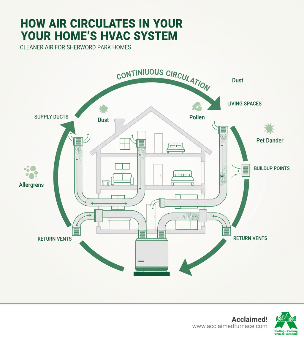 Infographic showing how dust, pet dander, pollen, and allergens circulate through a home's HVAC system from the furnace through supply ducts to living spaces and back through return vents, with arrows indicating the continuous circulation pattern and buildup points in ductwork - furnace duct cleaning sherwood park ab infographic 