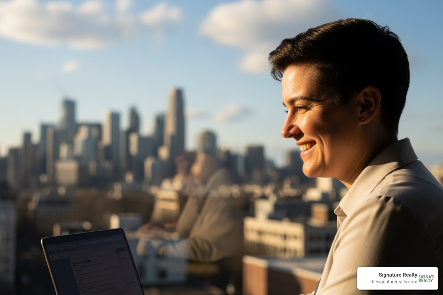 person smiling working remotely laptop city view - virtual office cost person smiling working remotely laptop city view - virtual office cost