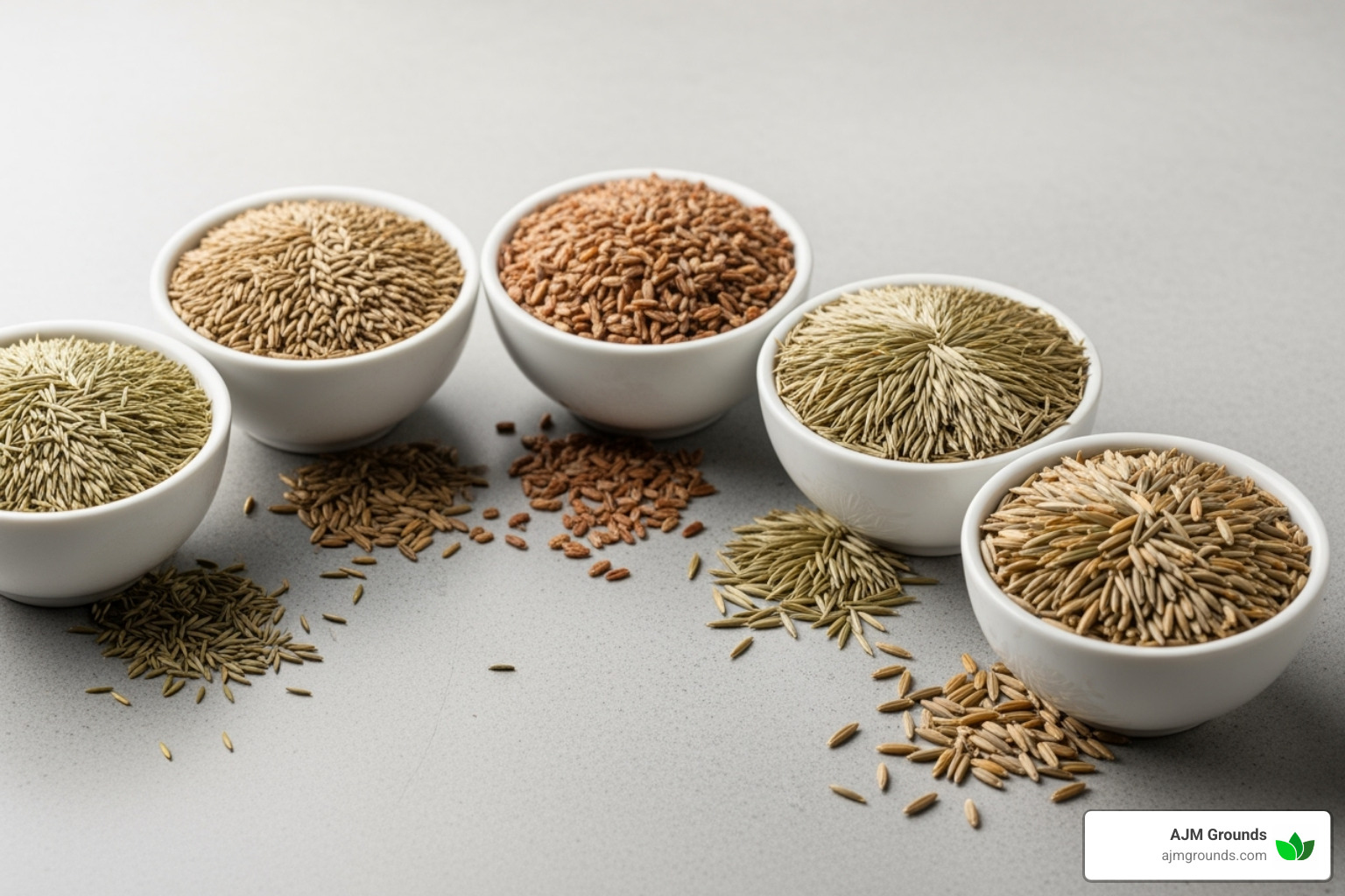 Image of different grass seed types in labeled bowls. - how to install a new seed lawn bed preparation