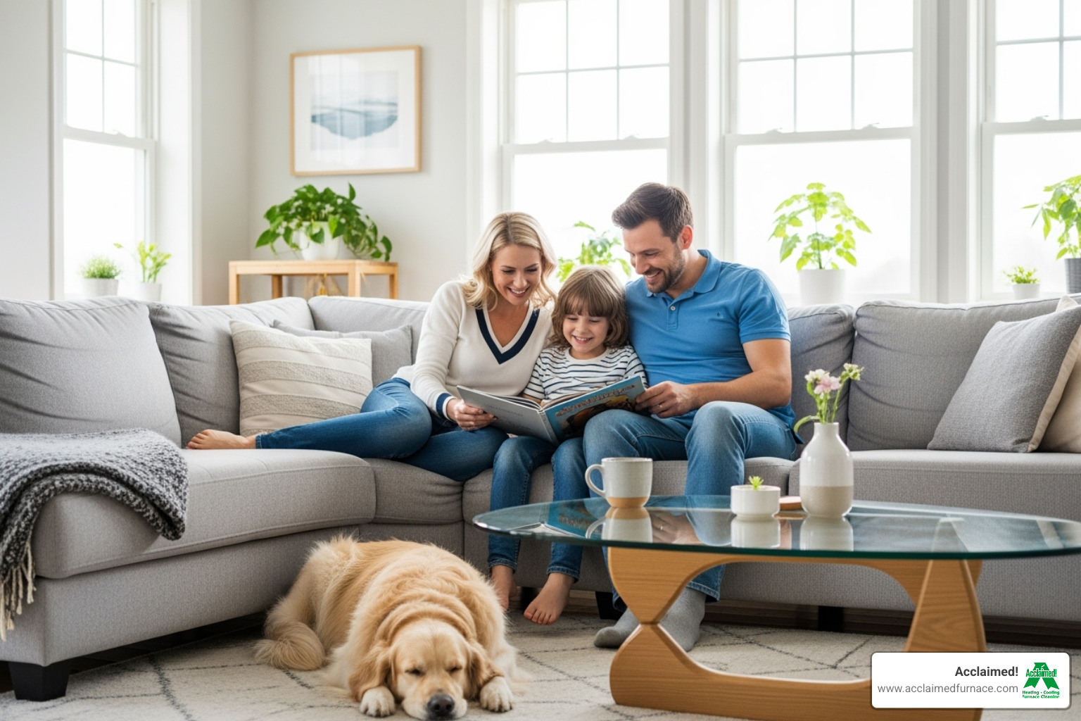 A family with a pet relaxing in a visibly clean home - furnace duct cleaning sherwood park ab
