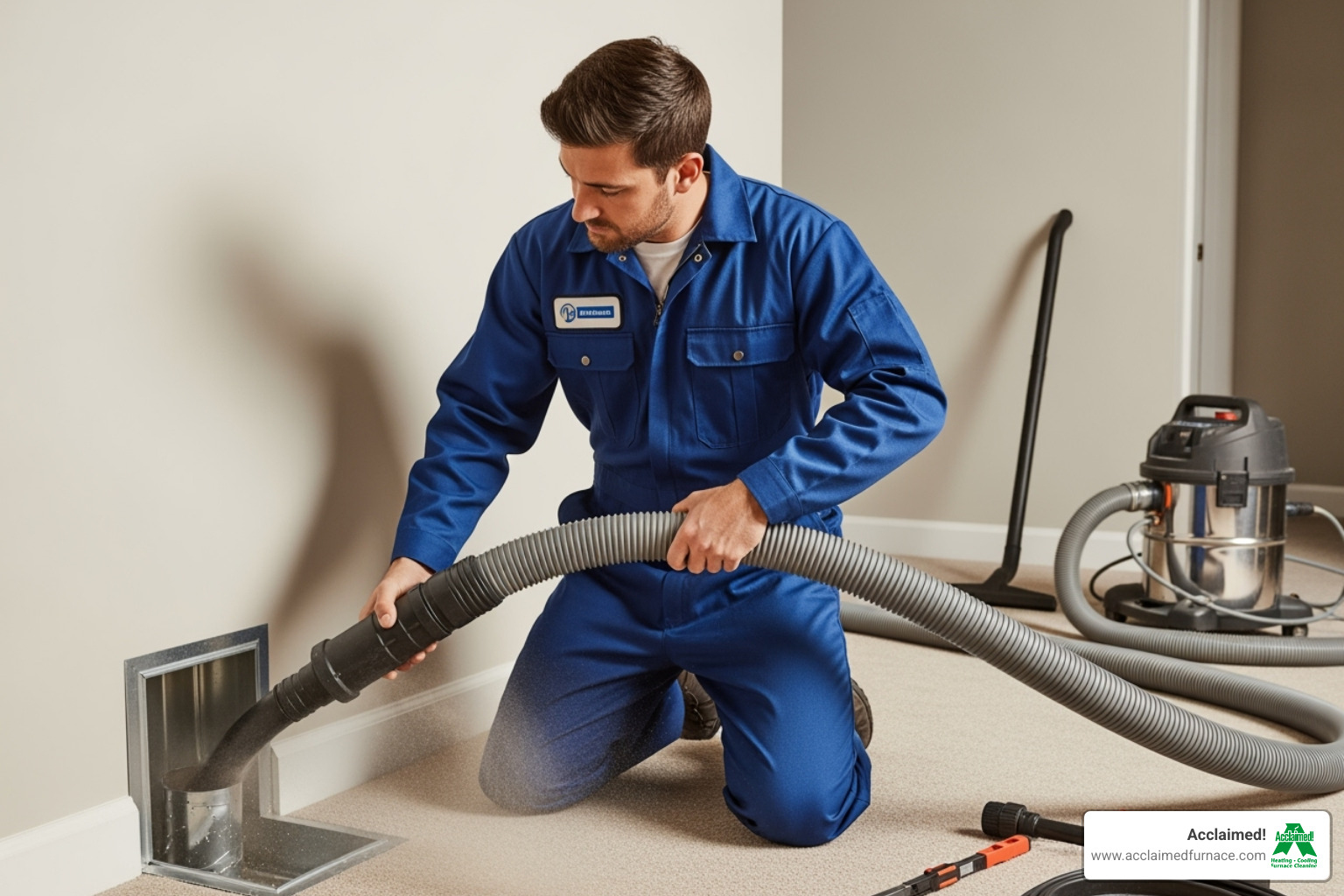 A professional technician using a high-powered vacuum hose on a home's ductwork - furnace duct cleaning sherwood park ab