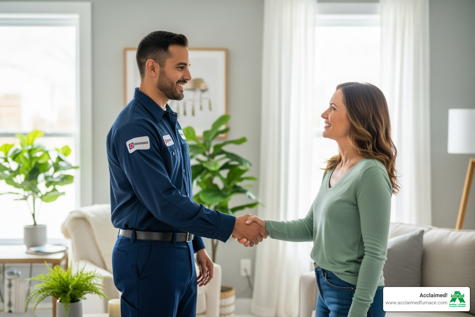 A friendly, uniformed technician shaking a homeowner's hand - furnace duct cleaning sherwood park ab