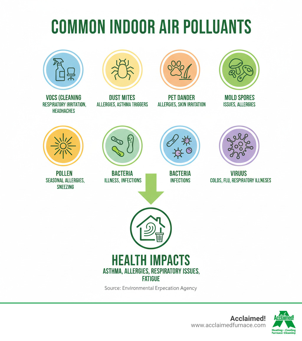 Infographic showing common indoor air pollutants including VOCs from cleaning products and furniture, dust mites, pet dander, mold spores, pollen, bacteria, and viruses, with icons representing each contaminant and their health impacts - air cleaner installation edmonton ab infographic 