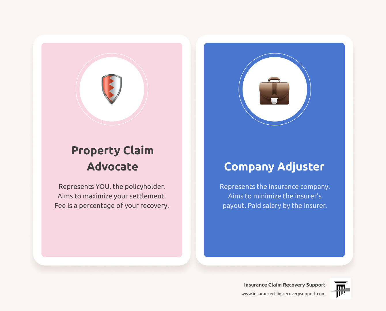 infographic comparing property claim advocate role versus company adjuster role, showing who they represent, their goals, fee structures, and typical settlement outcomes for policyholders - Property claim advocate infographic comparison-2-items-casual infographic comparing property claim advocate role versus company adjuster role, showing who they represent, their goals, fee structures, and typical settlement outcomes for policyholders - Property claim advocate infographic comparison-2-items-casual