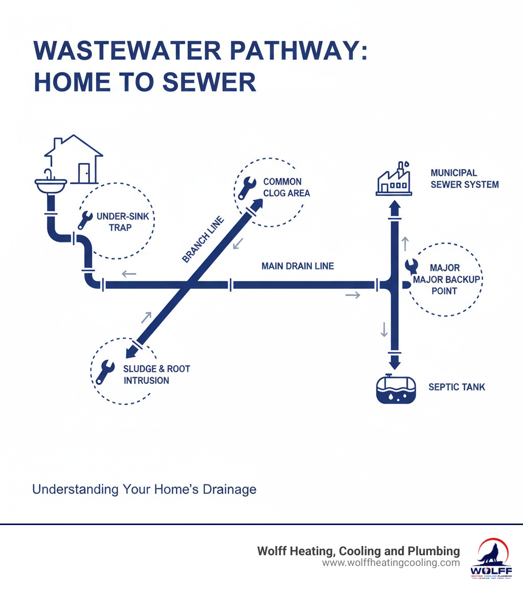 Infographic showing the path of wastewater from a home's drain through the drain line, connecting to the main sewer line, and flowing to the municipal sewer system or septic tank, with common problem areas marked including under-sink traps, branch lines, and the main sewer connection - drain repair albuquerque infographic Infographic showing the path of wastewater from a home's drain through the drain line, connecting to the main sewer line, and flowing to the municipal sewer system or septic tank, with common problem areas marked including under-sink traps, branch lines, and the main sewer connection - drain repair albuquerque infographic