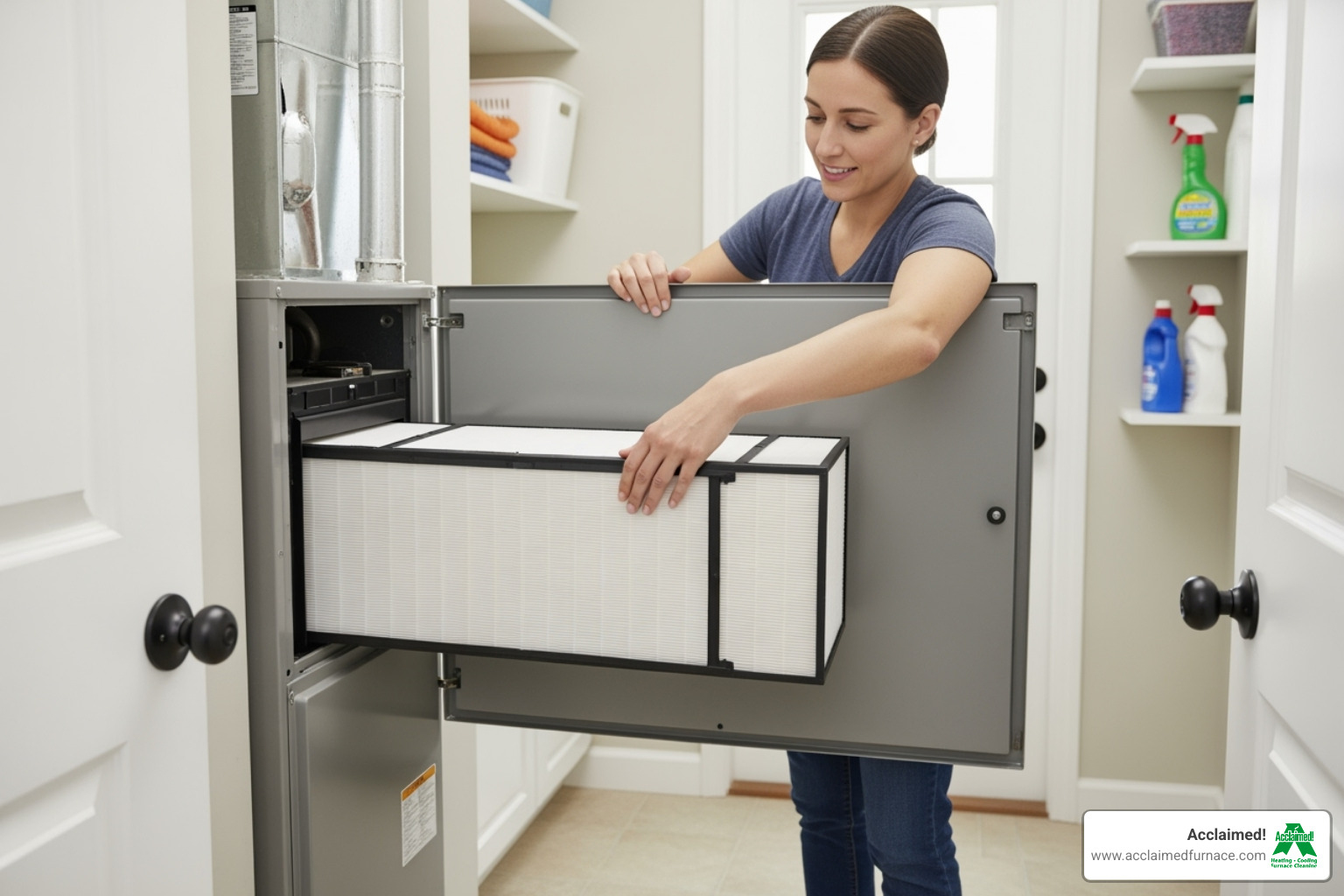 Homeowner easily changing a media filter in their HVAC system - air cleaner installation edmonton ab