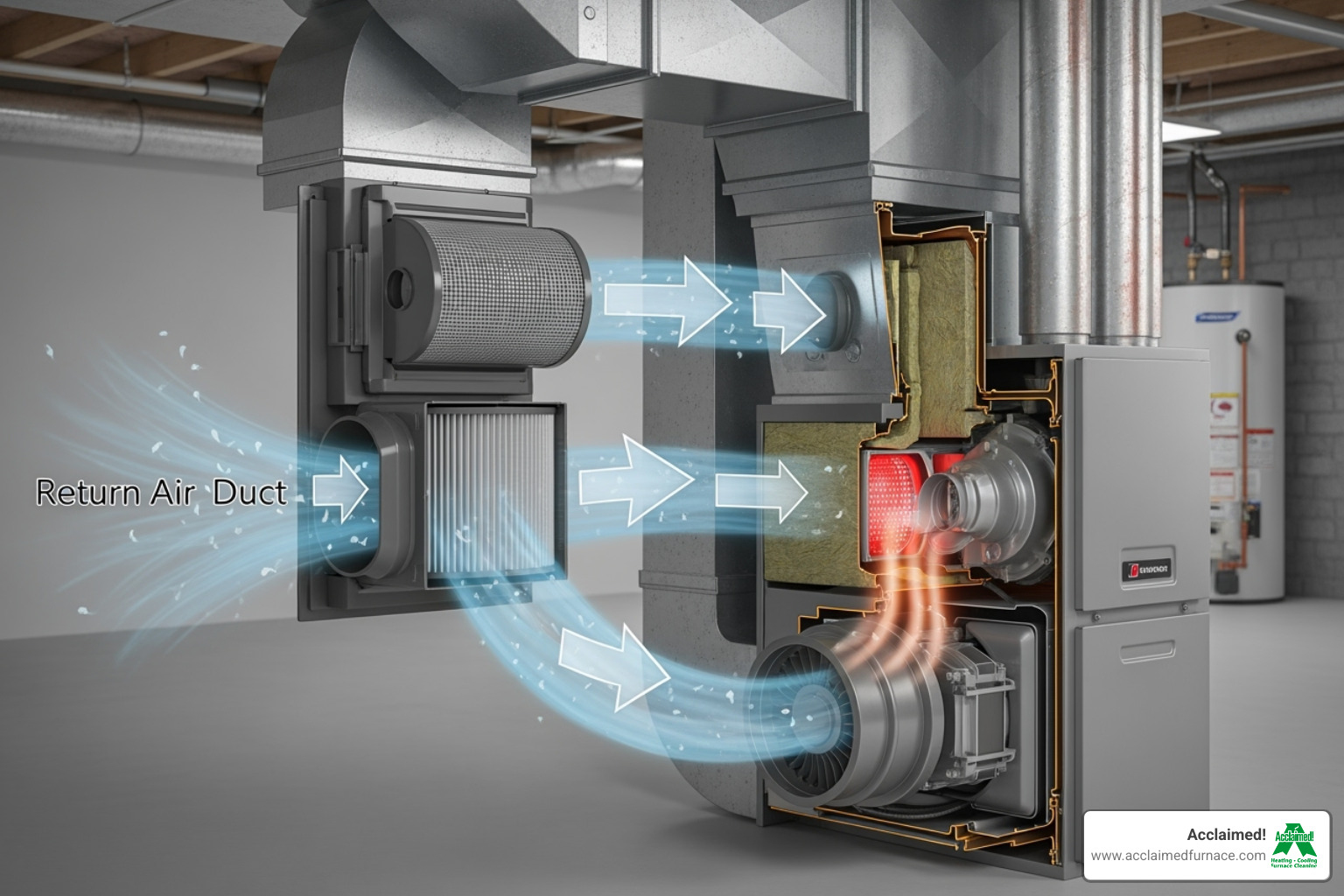 Cutaway view of a furnace with a whole-home air cleaner integrated into the ductwork - air cleaner installation edmonton ab
