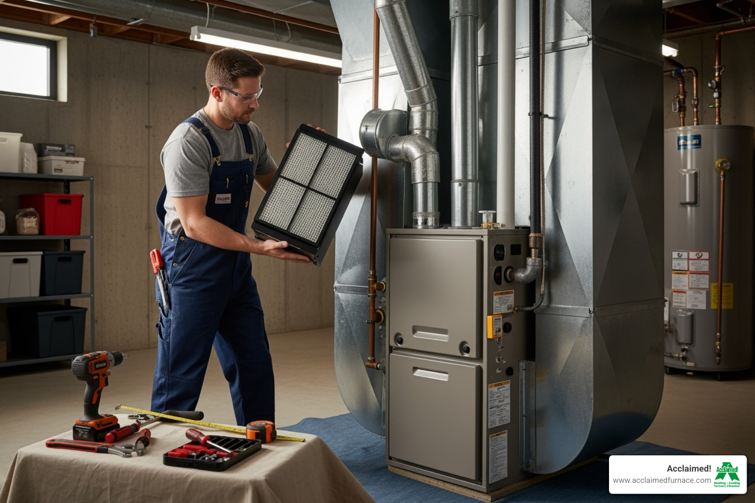 Professional technician installing an air cleaner onto a furnace - air cleaner installation edmonton ab