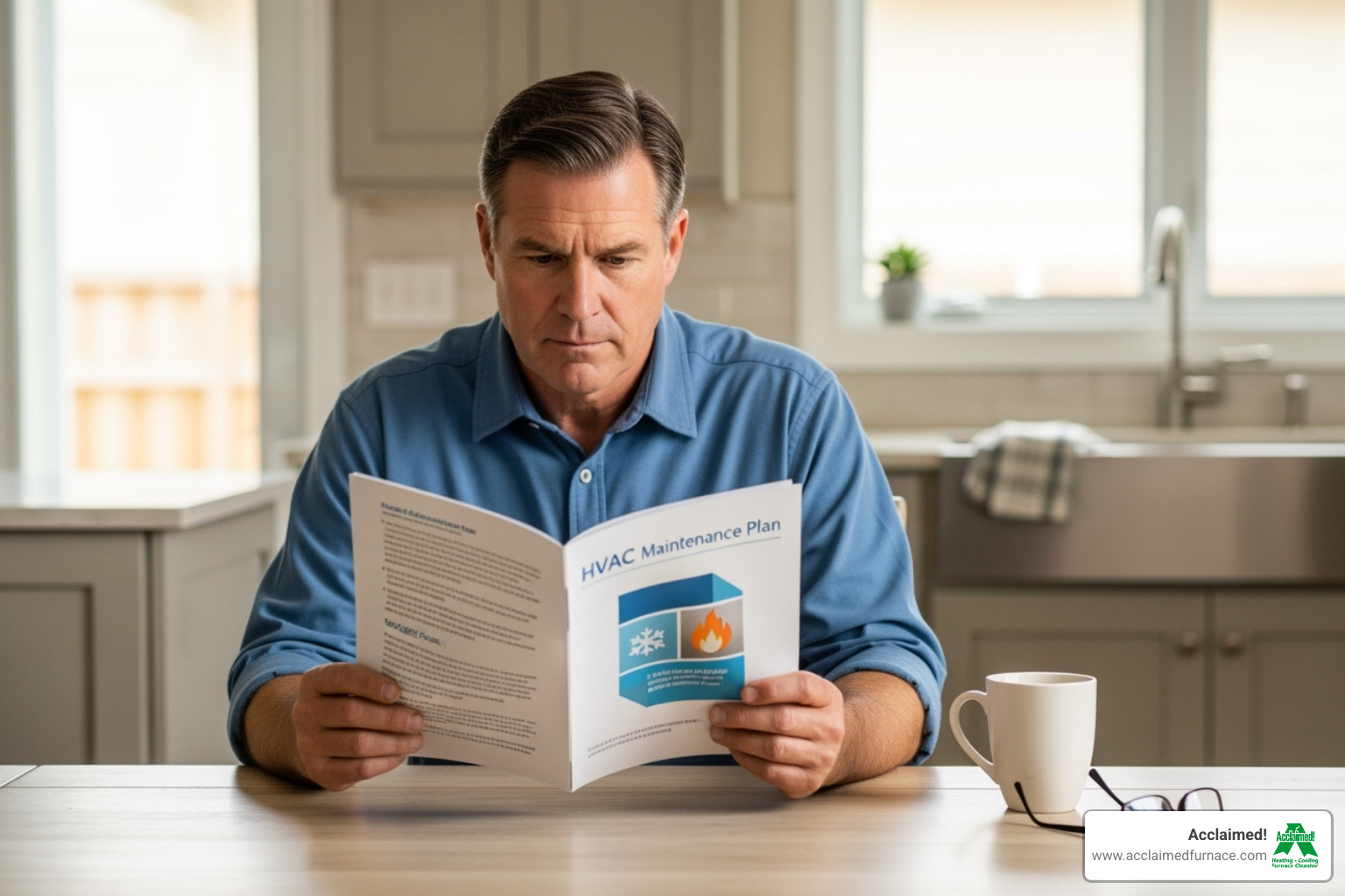 homeowner reviewing HVAC plan brochure - hvac maintenance plan edmonton ab