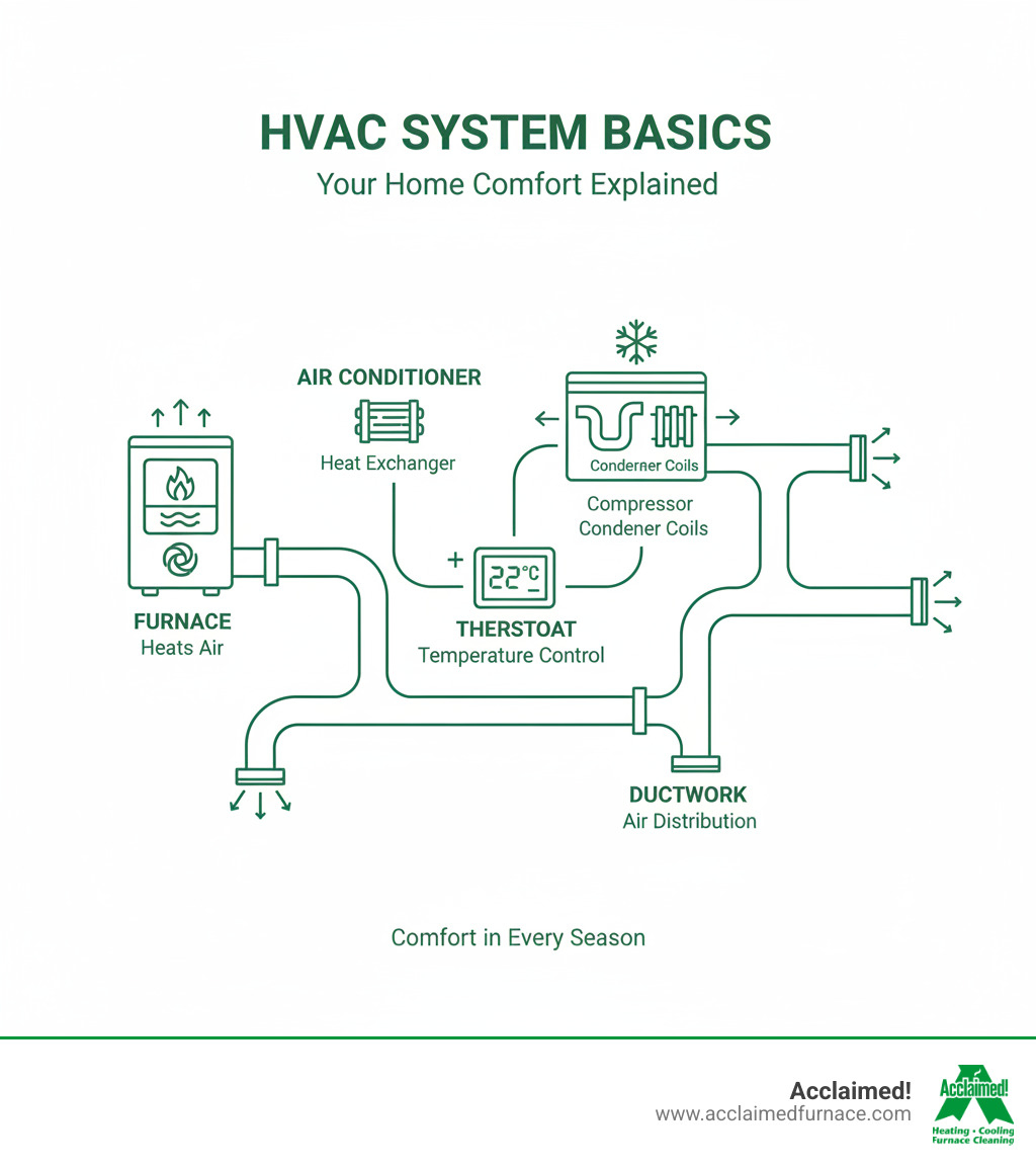 Infographic showing the basic components of an HVAC system including a furnace with heat exchanger and blower motor, air conditioner with compressor and condenser coils, thermostat for temperature control, and ductwork for air distribution throughout the home - hvac troubleshooting edmonton ab infographic Infographic showing the basic components of an HVAC system including a furnace with heat exchanger and blower motor, air conditioner with compressor and condenser coils, thermostat for temperature control, and ductwork for air distribution throughout the home - hvac troubleshooting edmonton ab infographic