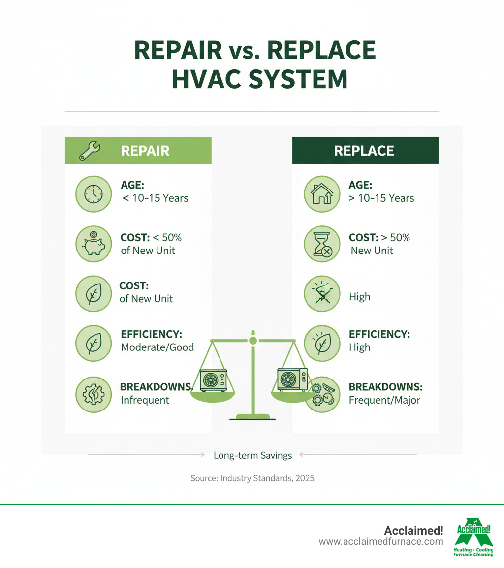 Infographic comparing factors for repairing vs. replacing an HVAC system, including age of unit, repair cost vs. replacement cost, energy efficiency, and frequency of breakdowns. - hvac troubleshooting edmonton ab infographic Infographic comparing factors for repairing vs. replacing an HVAC system, including age of unit, repair cost vs. replacement cost, energy efficiency, and frequency of breakdowns. - hvac troubleshooting edmonton ab infographic