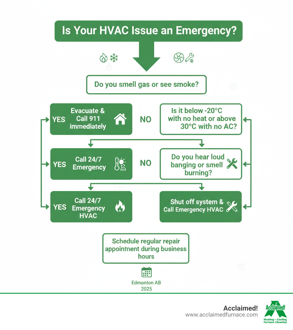 Infographic showing decision tree: Is Your HVAC Issue an Emergency? Top box asks "Do you smell gas or see smoke?" If YES, evacuate and call 911. If NO, next box asks "Is it below -20°C with no heat or above 30°C with no AC?" If YES, call 24/7 emergency HVAC. If NO, next box asks "Do you hear loud banging or smell burning?" If YES, shut off system and call emergency HVAC. If NO, bottom box says "Schedule regular repair appointment during business hours" - emergency hvac repair edmonton ab infographic 