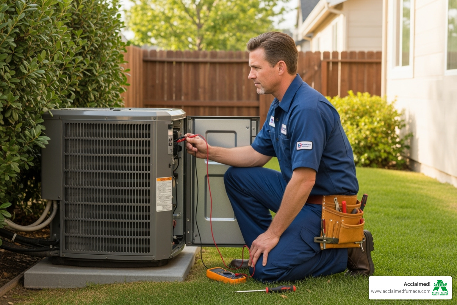 Professional HVAC technician with tools inspecting an outdoor unit - hvac troubleshooting edmonton ab Professional HVAC technician with tools inspecting an outdoor unit - hvac troubleshooting edmonton ab
