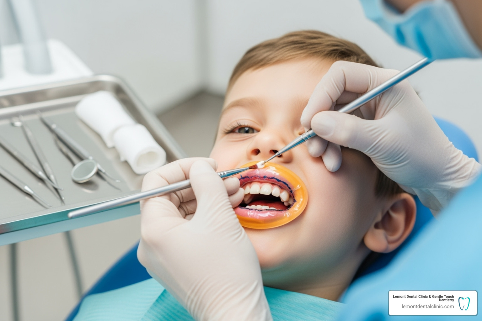 of a dental sealant being applied - pediatric dentist lemont il