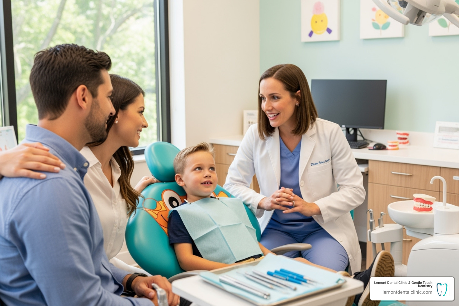 of a family talking with a dentist - pediatric dentist lemont il