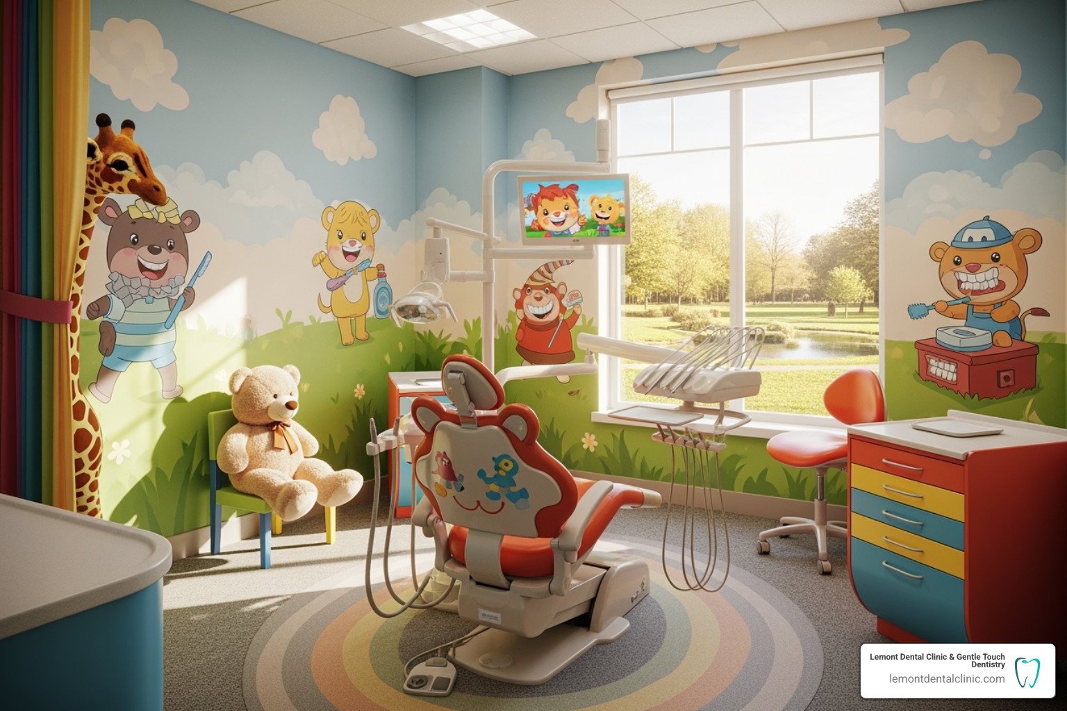 of a colorful, child-friendly dental exam room - pediatric dentist lemont il