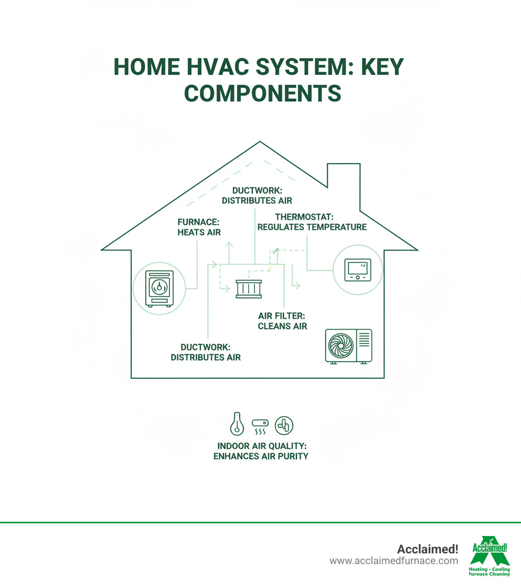 infographic showing key components of a home HVAC system including furnace, air conditioner outdoor unit, ductwork, thermostat, air filter, and indoor air quality devices with labels explaining each part's function in maintaining home comfort - hvac company edmonton ab infographic 