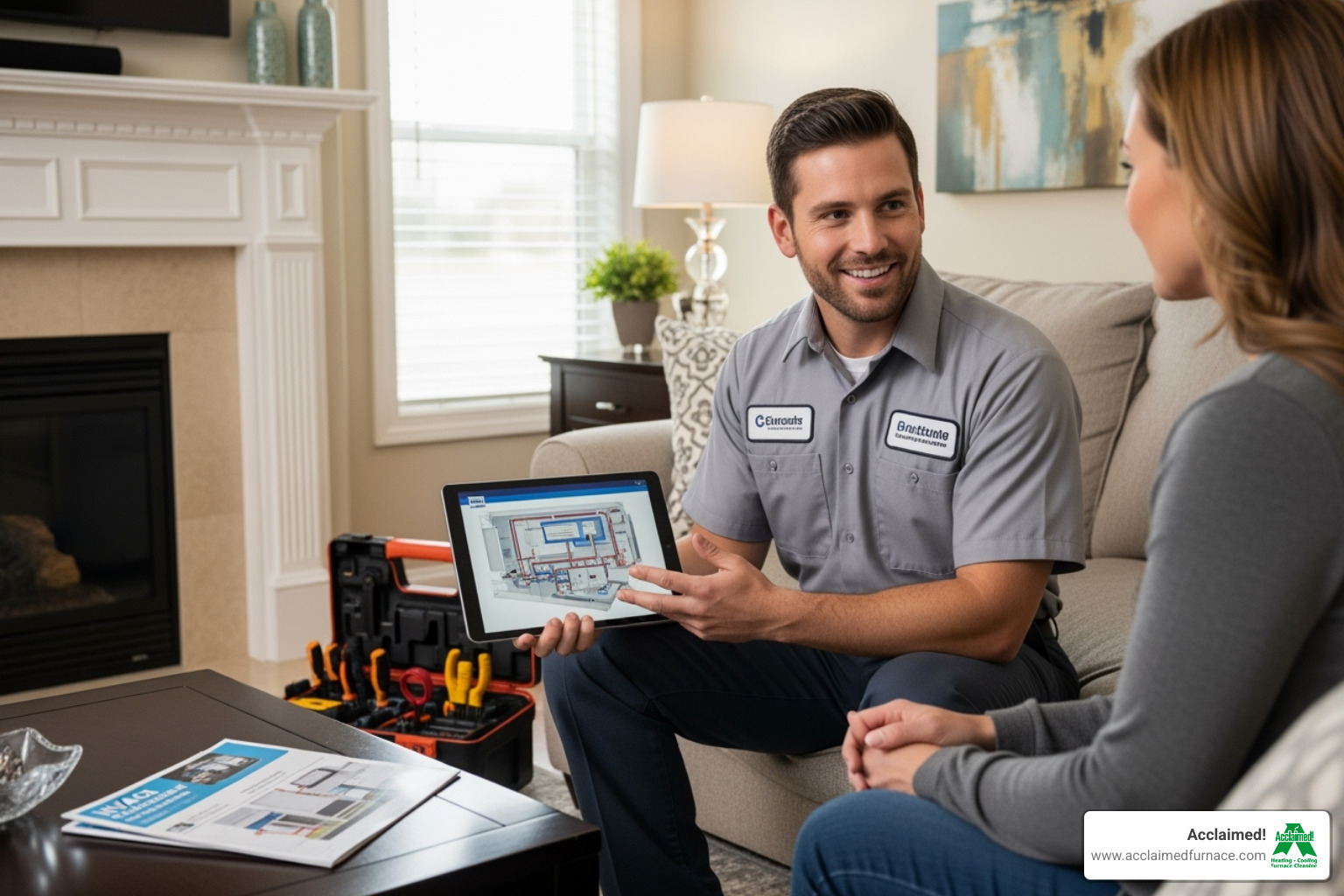 friendly technician talking with a homeowner - hvac company edmonton ab