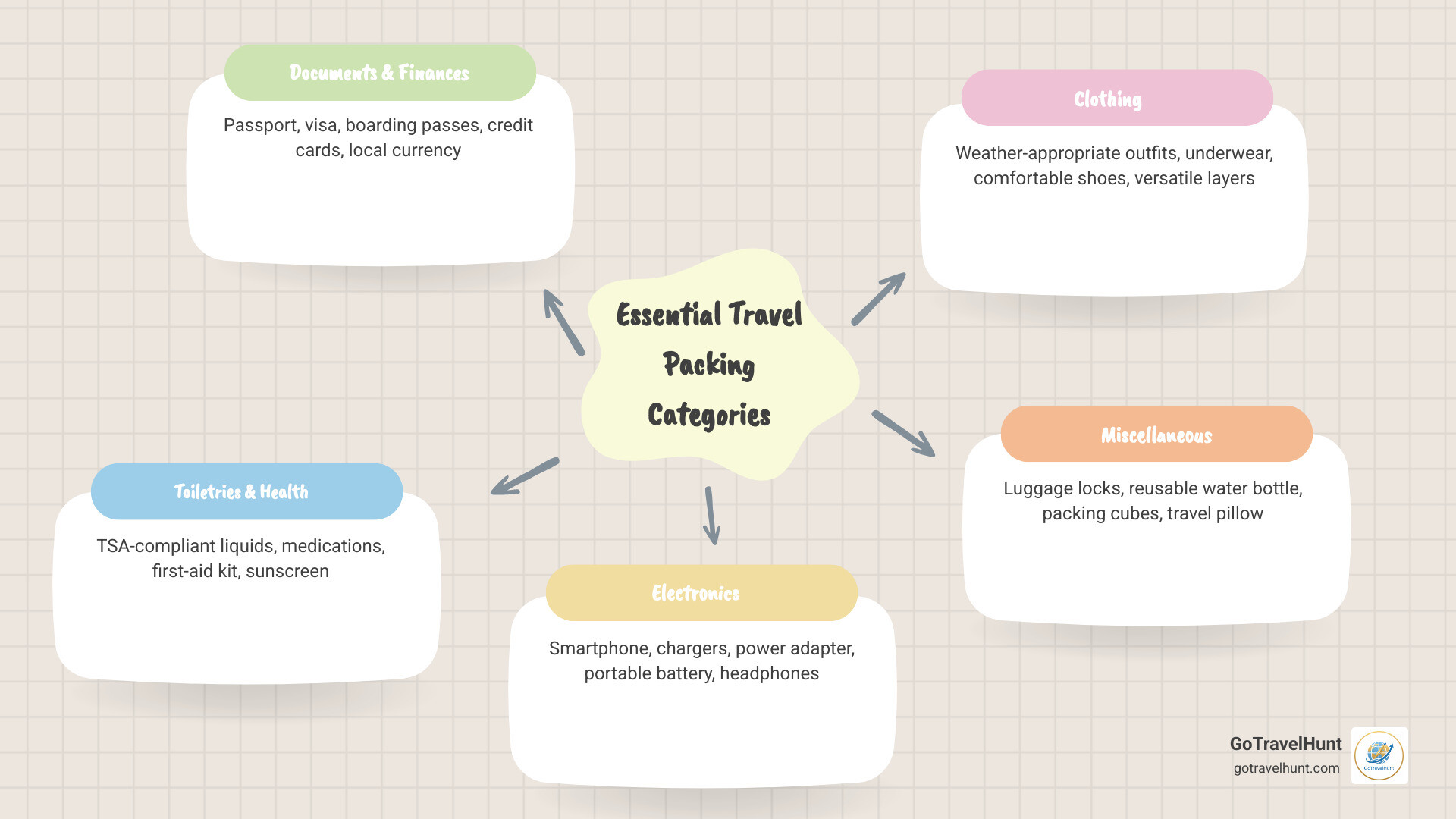 infographic showing five boxes labeled Clothing, Toiletries, Electronics, Documents, and Miscellaneous with key items listed under each category - list of packing for travelling infographic mindmap-5-items infographic showing five boxes labeled Clothing, Toiletries, Electronics, Documents, and Miscellaneous with key items listed under each category - list of packing for travelling infographic mindmap-5-items