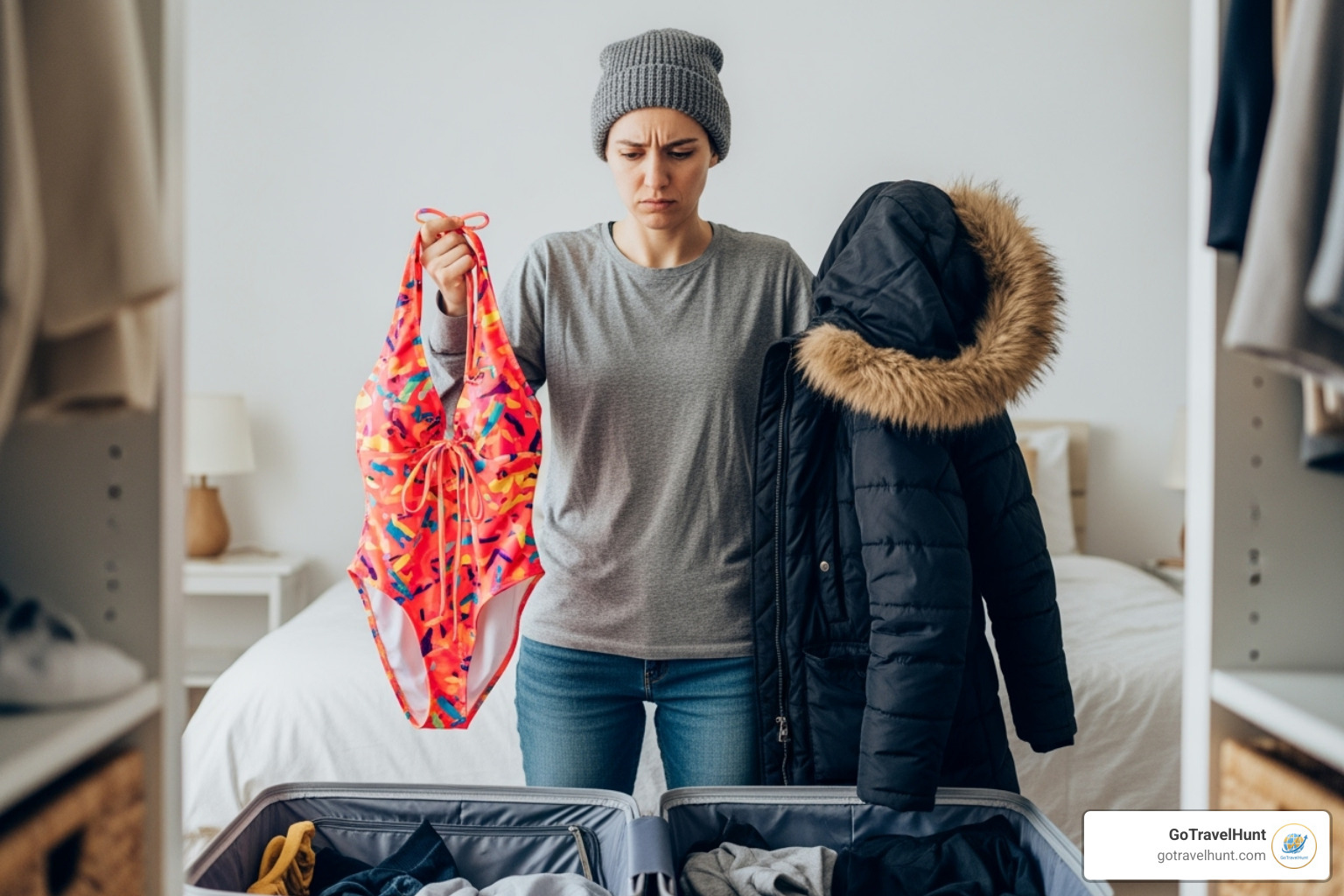 person choosing between a swimsuit and a winter coat - list of packing for travelling person choosing between a swimsuit and a winter coat - list of packing for travelling