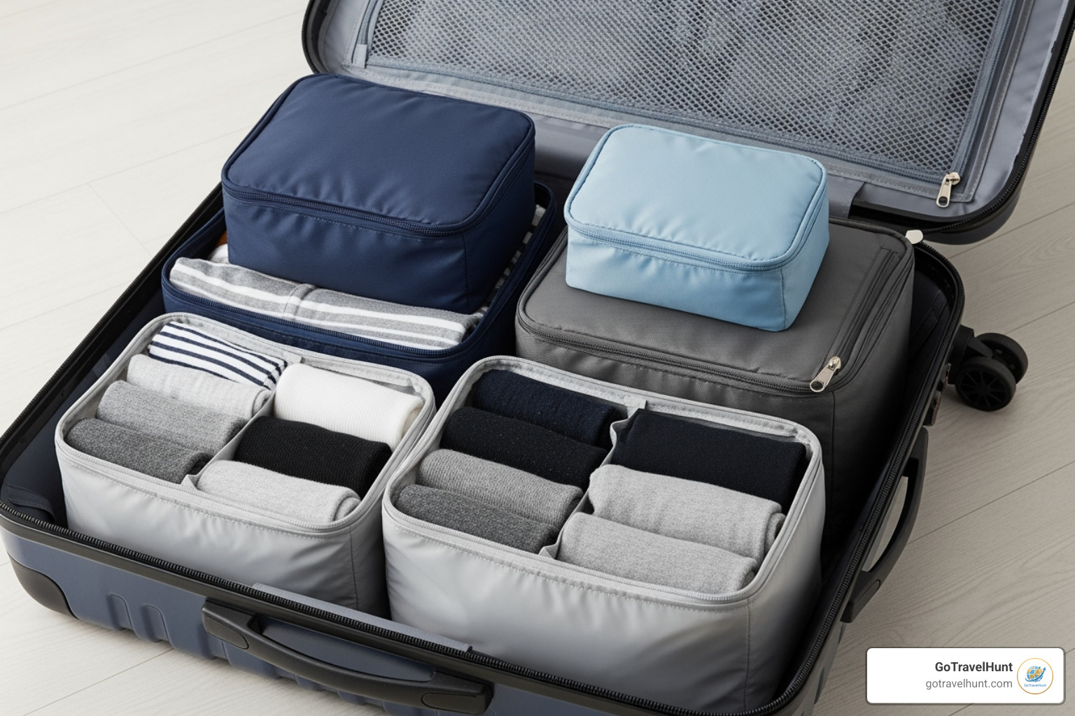 clothes neatly rolled inside packing cubes within a suitcase - list of packing for travelling clothes neatly rolled inside packing cubes within a suitcase - list of packing for travelling
