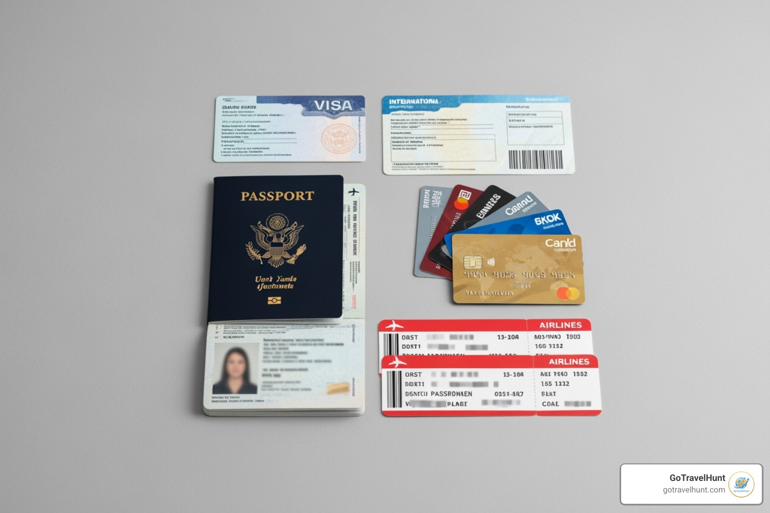 flat lay of essential travel documents, credit cards, and a passport - list of packing for travelling flat lay of essential travel documents, credit cards, and a passport - list of packing for travelling