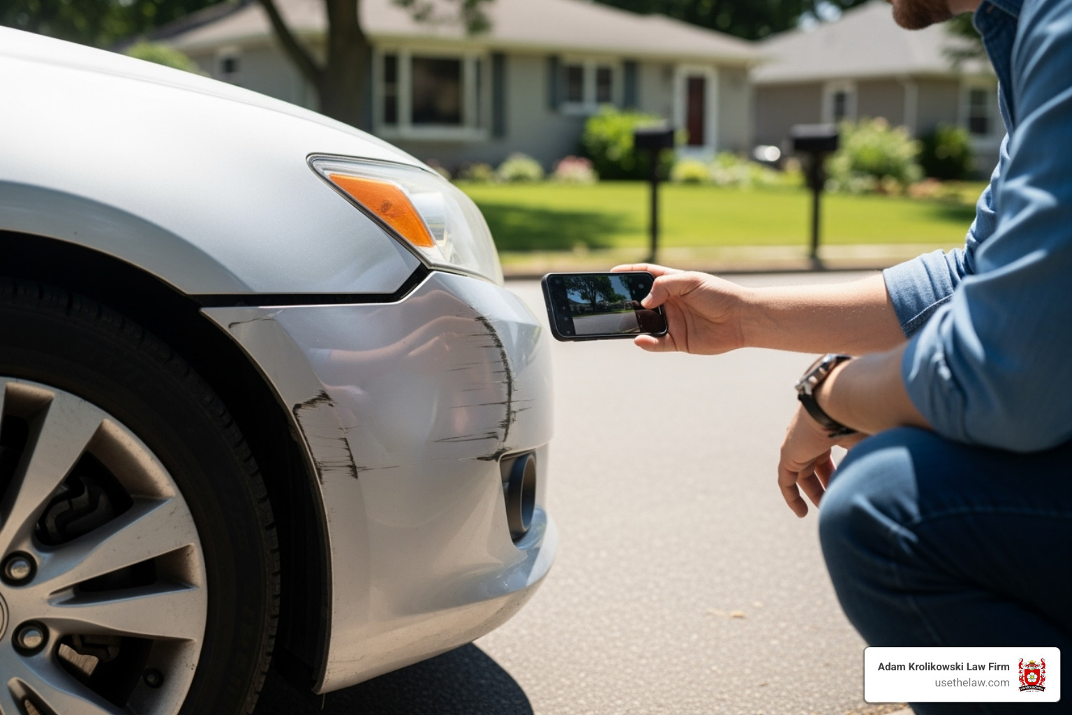 person taking photos of car damage with their phone - orange county car accident lawyer