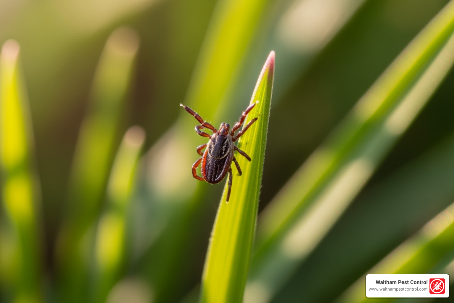 A close-up image of a deer tick on a blade of grass, waiting for a host. - tick exterminators watertown