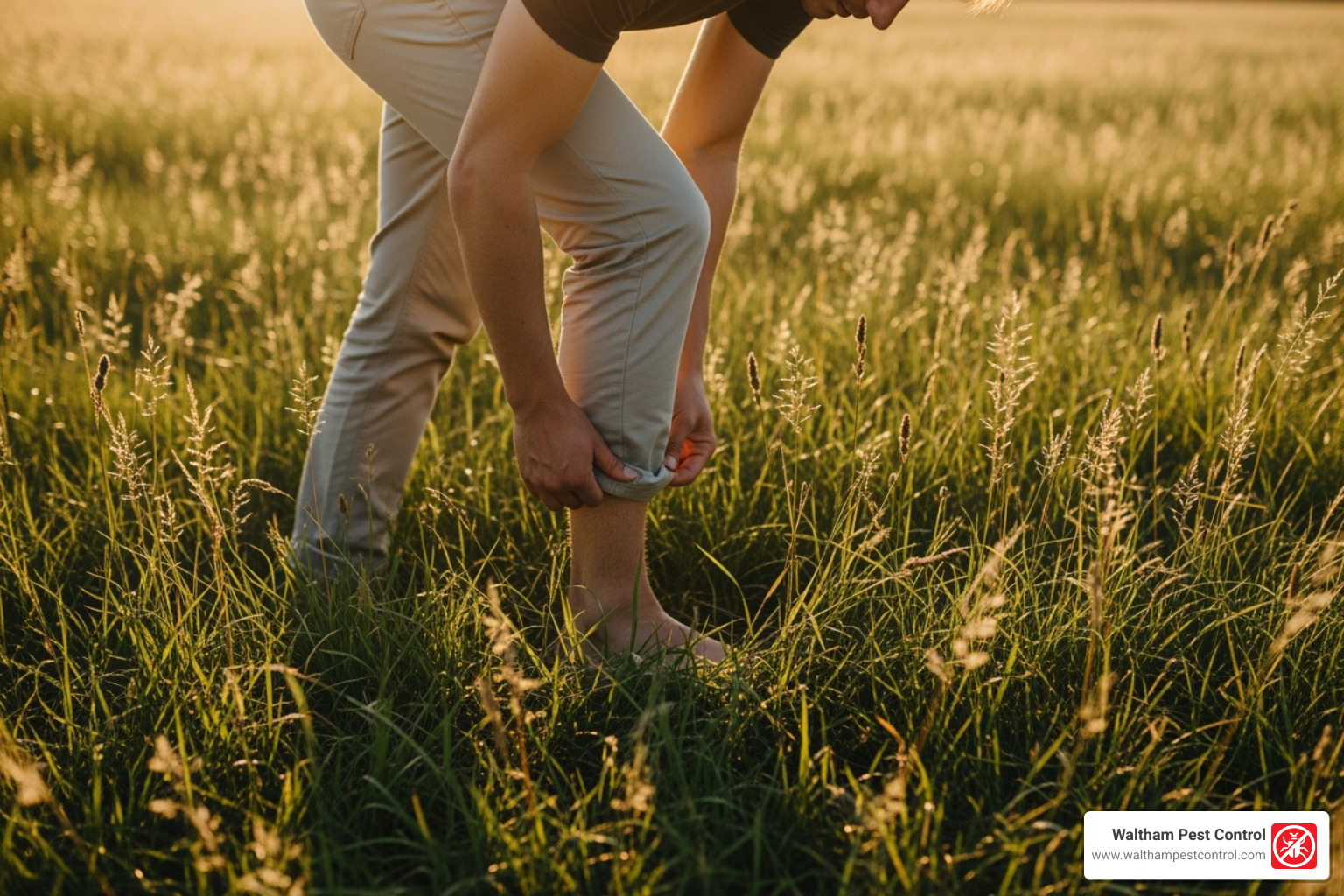 A person wearing light-colored pants walks through tall grass, stopping to carefully check their pant leg for any attached ticks. - tick exterminators watertown