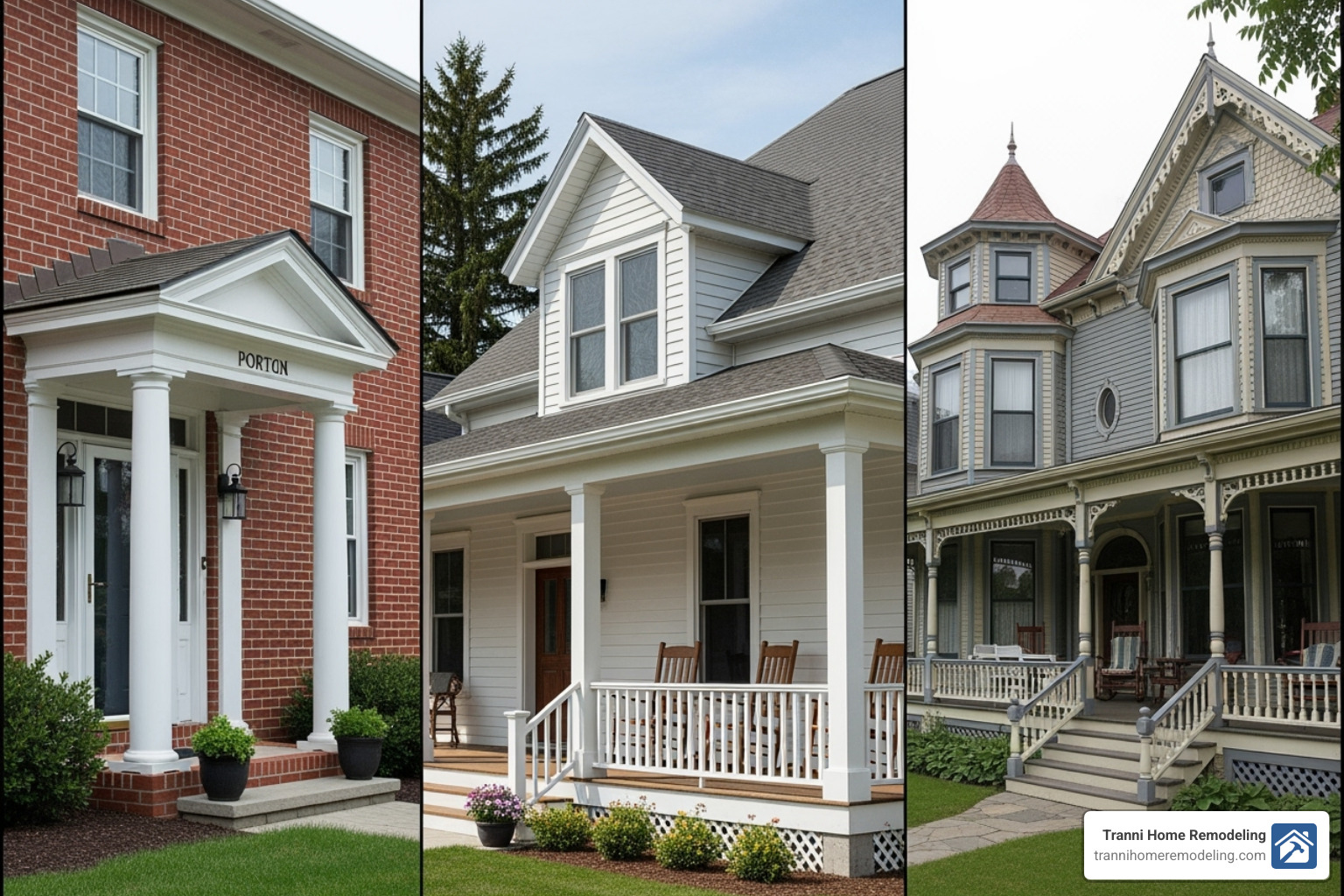 A collage showing different architectural styles of front porches, including a small portico, a classic covered porch, and a grand wraparound porch - front porch builder near me