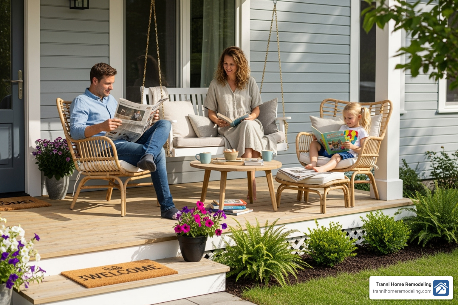 A family relaxing on their newly built front porch, enjoying coffee and reading - front porch builder near me