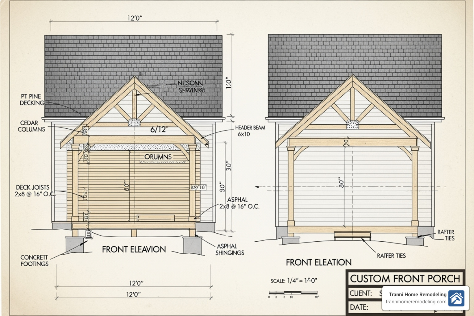A detailed blueprint or architectural drawing of a custom front porch, showing measurements, materials, and structural components - front porch builder near me