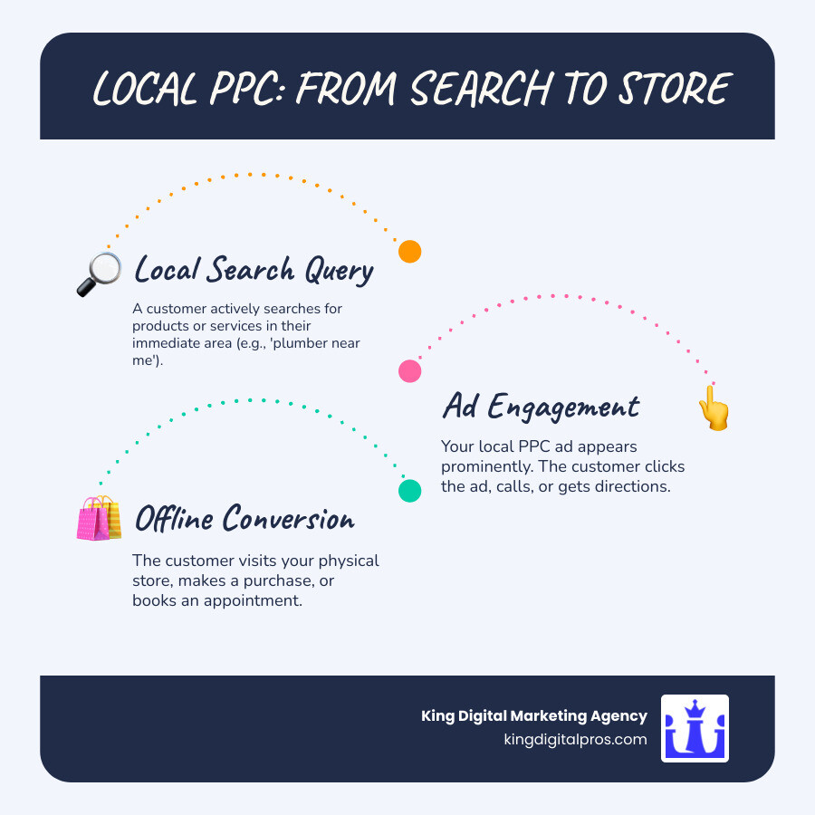 infographic showing customer journey from local search query to clicking a local PPC ad to visiting physical store location with conversion metrics - Local PPC advertising infographic infographic-line-3-steps-blues-accent_colors