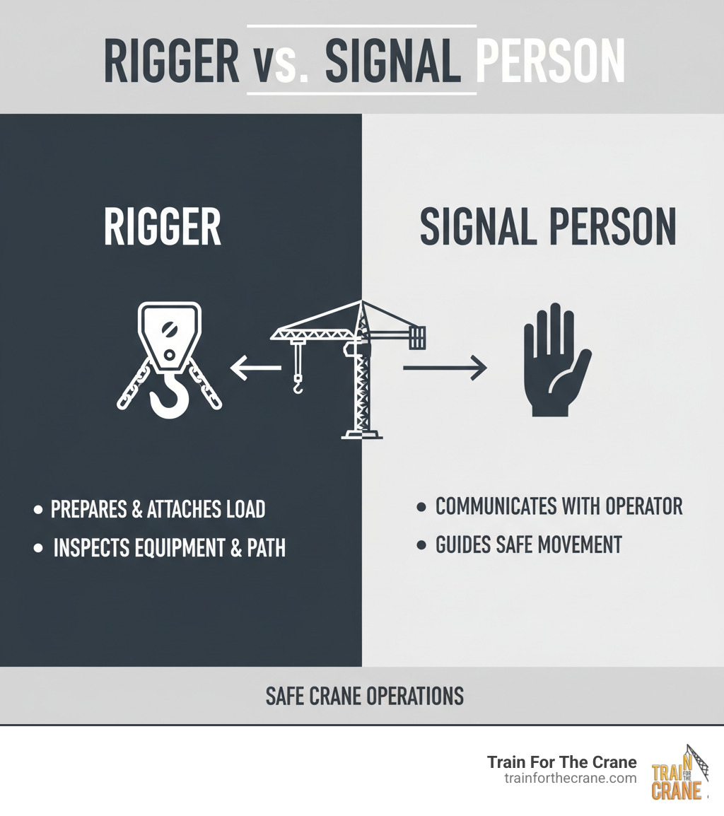 infographic explaining the distinct roles of a rigger vs. a signal person - certified rigger and signal person training infographic 
