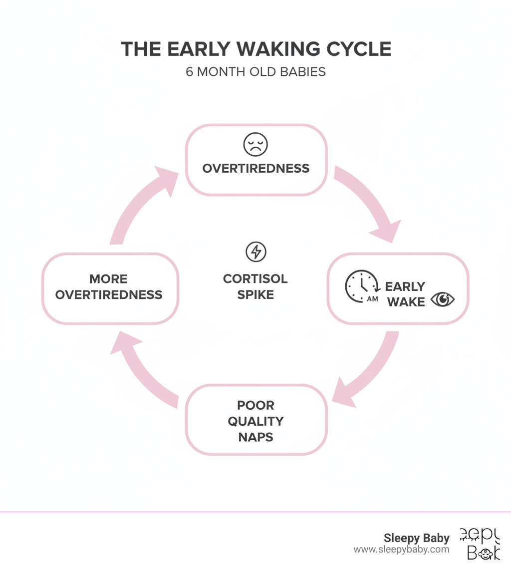 infographic showing the early waking cycle with five connected boxes: Overtiredness leads to Cortisol Spike leads to Early Wake leads to Poor Quality Naps leads to More Overtiredness, with arrows forming a circle - 6 month old early waking infographic 