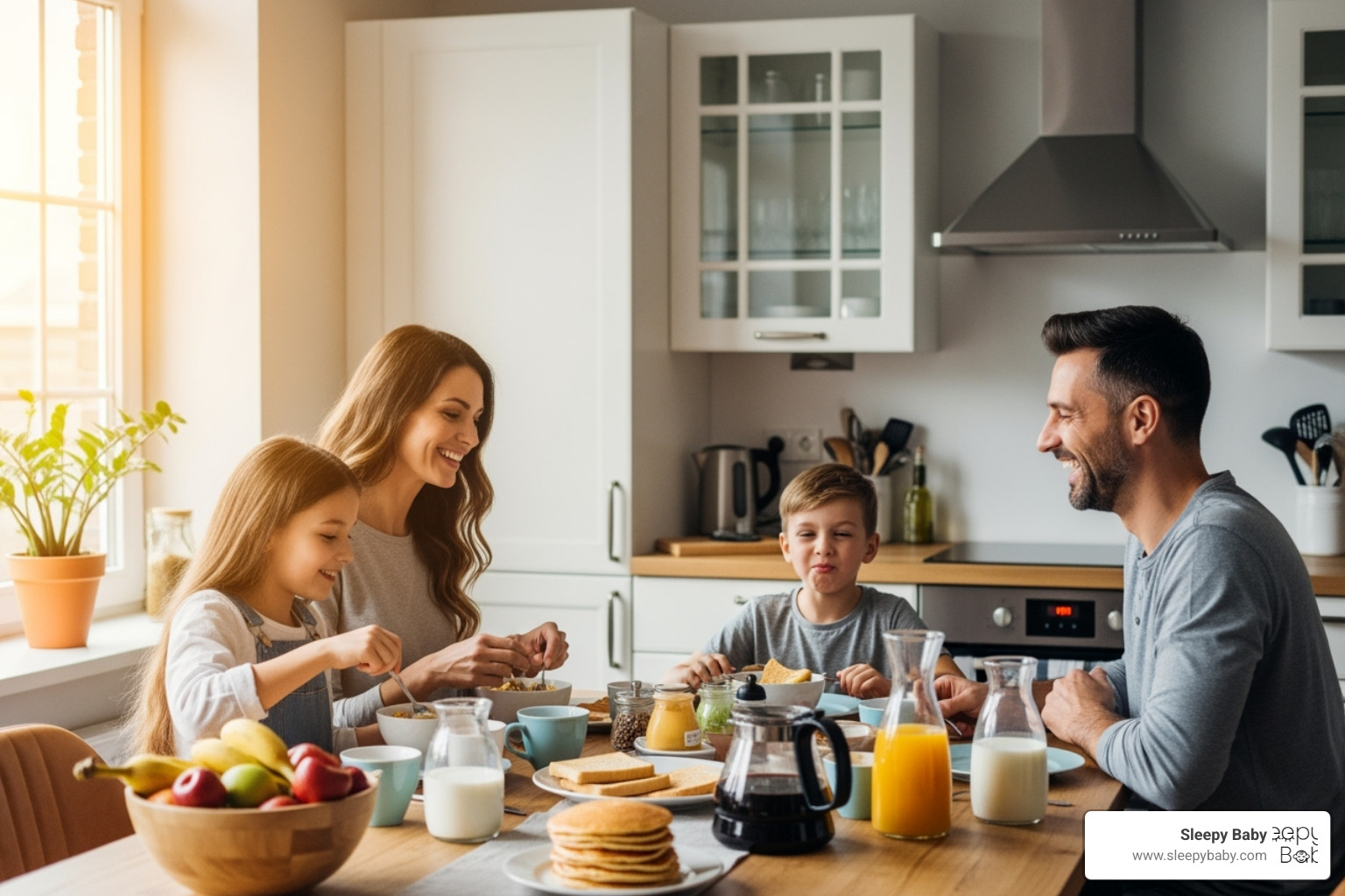 a happy family enjoying breakfast together in a bright kitchen - 6 month old early waking