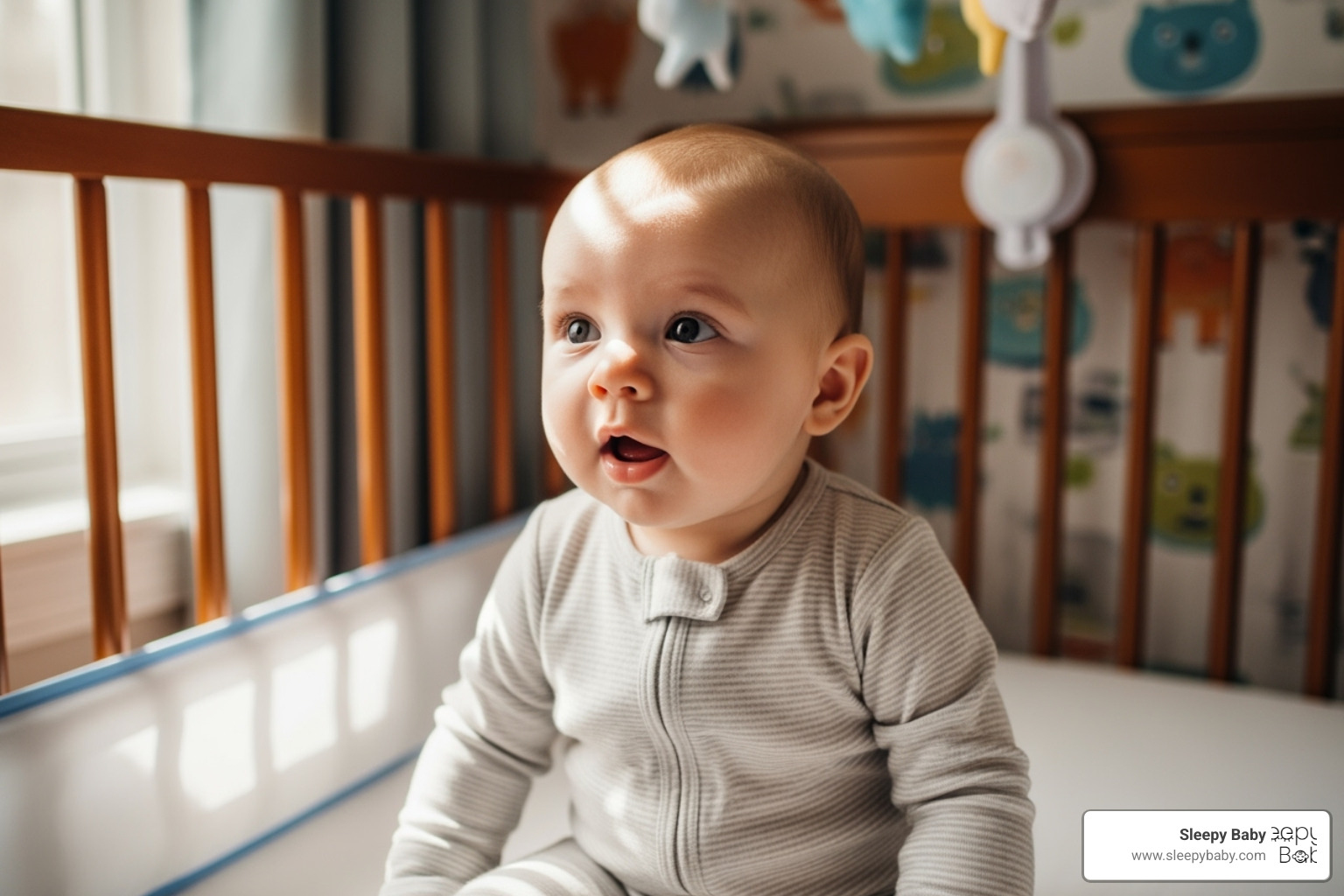 a baby sitting up in a crib looking around the room with a curious expression - 6 month old early waking