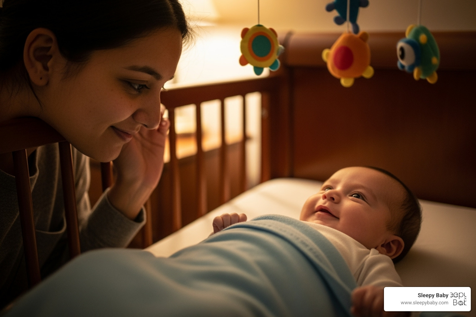a parent looking at their baby in a crib, with the baby smiling contentedly - 6 month old early waking