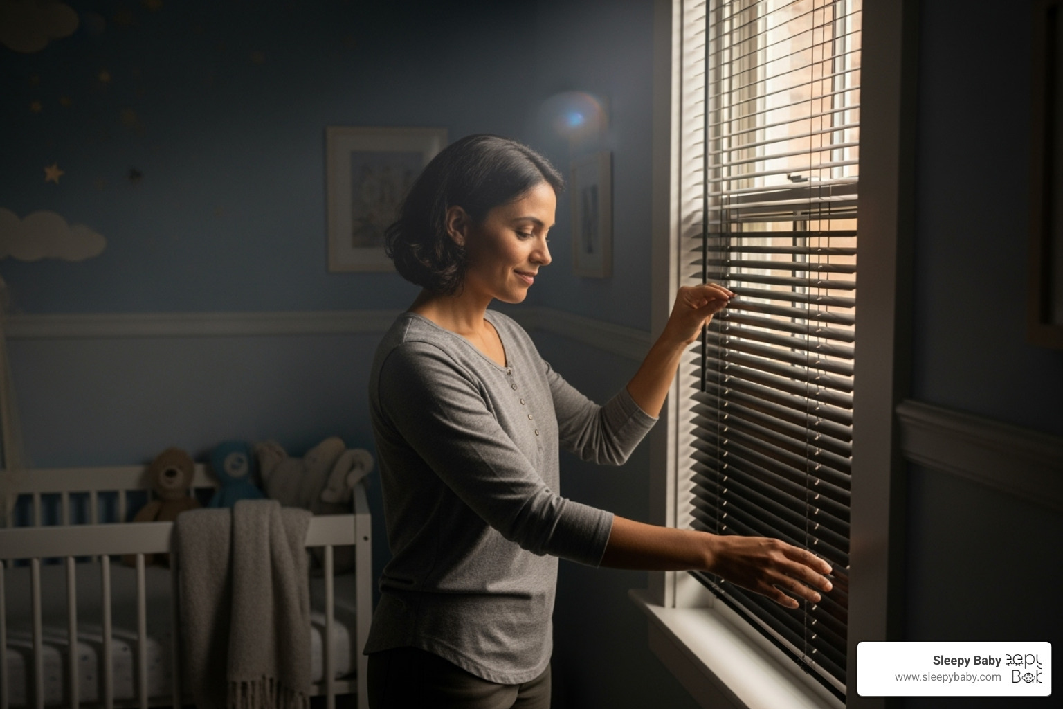 a parent happily adjusting blackout blinds in a calm, dark nursery - 6 month old early waking